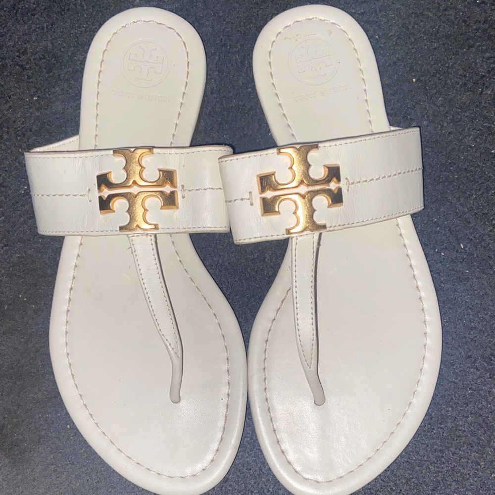 Tory Burch White Sandals with Gold Logo